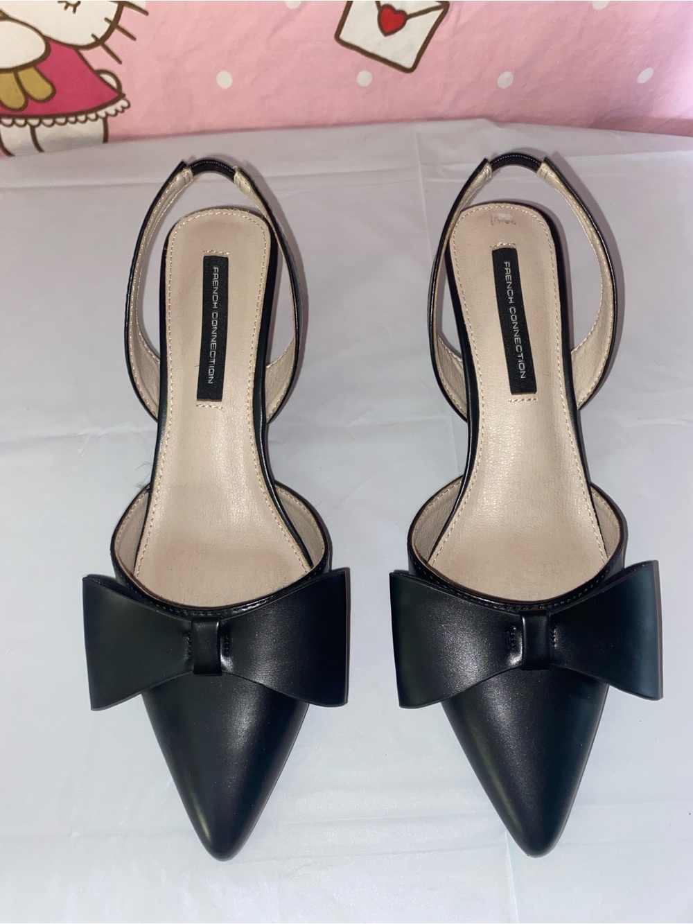 French Connection Black Pointed Slingback Heels with Bow